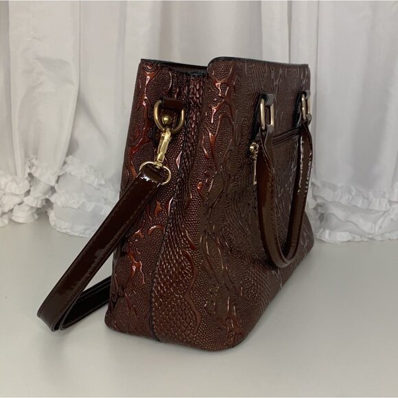 Python Print Embossed Patent Brown Shoulder Bag with Crossbody Strap & Wallet - Picture 5 of 11